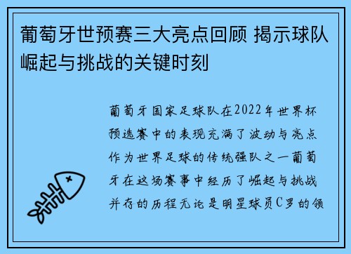 葡萄牙世预赛三大亮点回顾 揭示球队崛起与挑战的关键时刻
