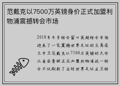 范戴克以7500万英镑身价正式加盟利物浦震撼转会市场 范戴克以7500万英镑身价正式加盟利物浦震撼转会市场